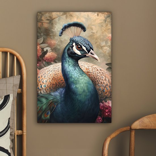 Tableau sur toile Paon - Vogel - Fleurs - Plantes - Plumes de Paon - 60x90 cm - Décoration murale