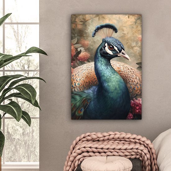 Tableau sur toile Paon - Vogel - Fleurs - Plantes - Plumes de Paon - 60x90 cm - Décoration murale