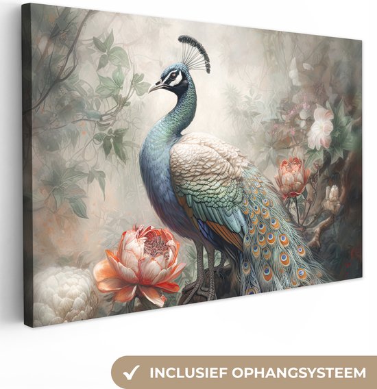 Canvas schilderij 30x20 cm - Pauw vogel - Kamer decoratie accessoires jungle - Schilderijen woonkamer bloemen - Wanddecoratie vogels slaapkamer - Muurdecoratie keuken - Wanddoek interieur binnen - Woondecoratie huis