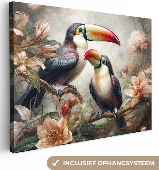 Canvas Schilderij Toekan - Vogels - Bloemen - Jungle - 40x30 cm - Wanddecoratie