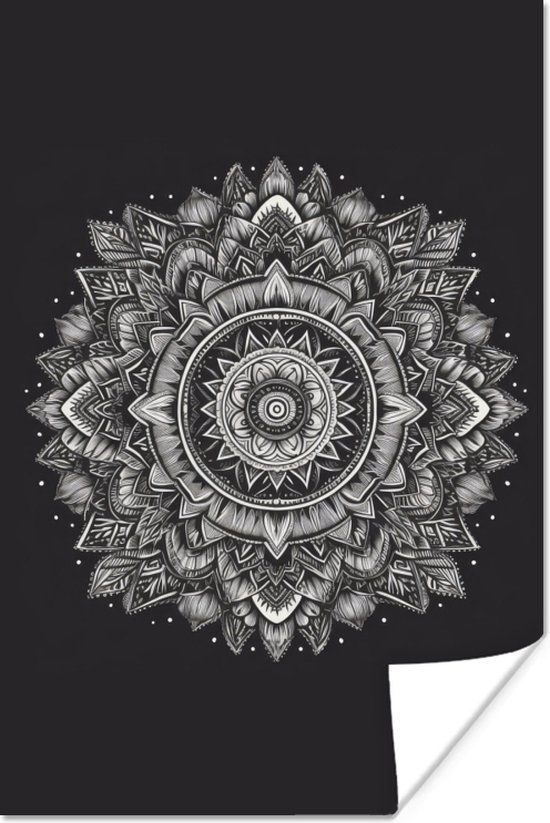 Poster Mandala - Zwart wit - Bloemen - Bohemian - Natuur - 60x90 cm