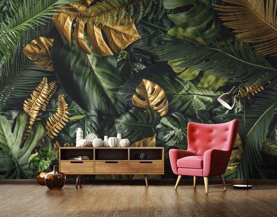 Photo Wallpaper King - Papier peint Papier peint photo - Papier peint - Jungle - Amazone - Or - Feuilles dorées - Botanique - Luxe - 416 x 254 cm - Papier peint non tissé peint intissé