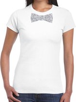 Wit fun t-shirt met vlinderdas in glitter zilver dames XS