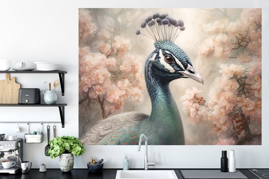 Muurstickers - Sticker Folie - Pauw - Vogels - Bloemen - Boom - Botanisch - 160x120 cm - Plakfolie - Muurstickers Kinderkamer - Zelfklevend Behang XXL - Zelfklevend behangpapier - Stickerfolie