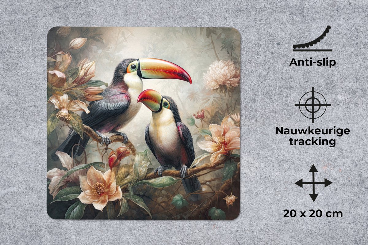 Muismat 20x20 cm - Mousepad Toekan - Vogels - Bloemen - Jungle - Muismatten