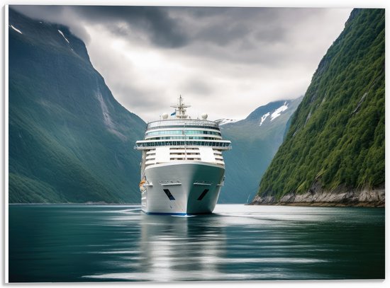 PVC Schuimplaat - Groot Wit Cruiseschip Varend op het Water in Dal van Hoge Bergen - 40x30 cm Foto op PVC Schuimplaat (Met Ophangsysteem)