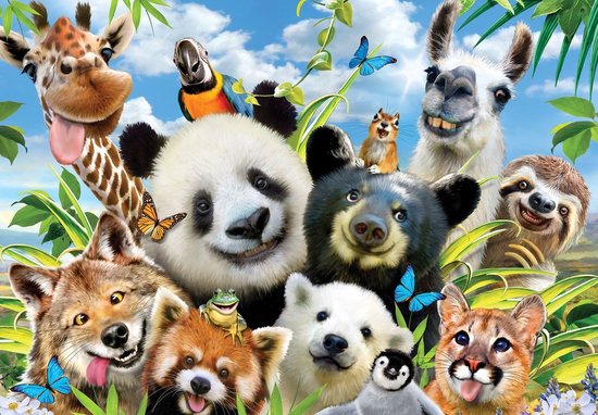 Fotobehang - Vlies Behang - Grappige Dieren Selfie - Dolle Beestenboel - Kinderbehang - Giraffe - Panda - 208 x 146 cm