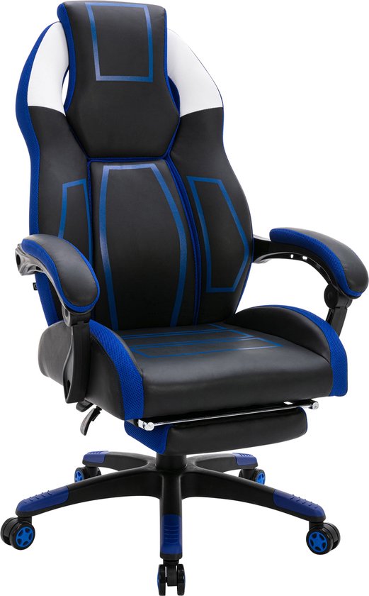 CLP Clovis Bureaustoel - Ergonomisch - Voor volwassenen - Met voetsteun - Met armleuningen - Kunstleer - zwart/blauw