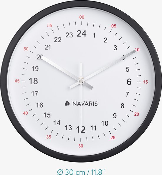 Navaris unieke 24-uurs analoge wandklok - Zilverkleurige en witte klok met  soepel... | bol.com