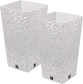 Prosperplast Cache-pot/pot de fleurs - 2x - extérieur - plastique - blanc - aspect bois Eco - D20 x H38 cm