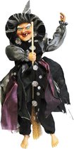 Décoration Halloween horreur poupée sorcière sur balai - 40 cm - noir/gris - Articles de décoration/fête
