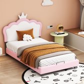 Ledikant gestoffeerd bed 90*200cm -Kinderbed met lattenbodem en rugleuning- meisjesbed met kroonlijst- roze (matras niet inbegrepen)