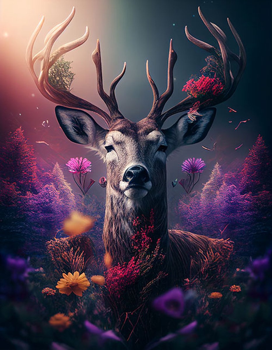 AI - Woondecoratie - Poster - Dieren - Hert - Bloemen en jungle - 53 - 40 x 50 cm