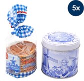 Stroopwafels in Delfts blauw blik - Doos met 5 blikken - 250 gram per blik - 8 stroopwafels per blik (40 koeken)