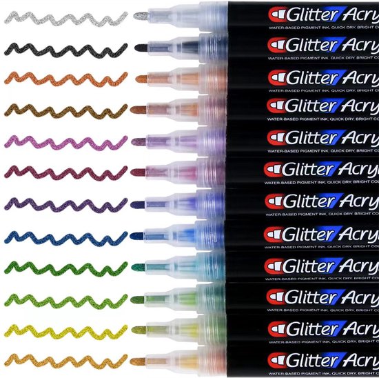 12 Kleuren Glitter Acryl Marker Stiften - Glitterstiften - 1 mm Lijndikte - Waterdicht- Acrylstiften met Polyester Punt - Acrylverfpennen Tekenset - Stiften voor het Schilderen van Eieren Stenen, Keramiek, Glas, Canvas, Papier