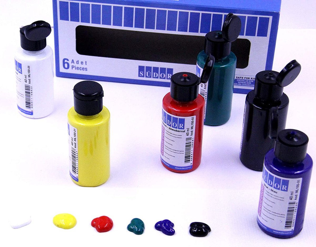 SÜDOR Acrylverfset voor kinderen en volwassenen | Universele verf voor hout, steen, canvas, polyester, papier, gips, stof, leer, metaal | Acrylverfset (6 x 40 ml basiskleuren) — afbeelding 3