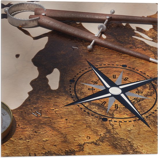 Vlag - Kompas op Wereldkaart - 50x50 cm Foto op Polyester Vlag