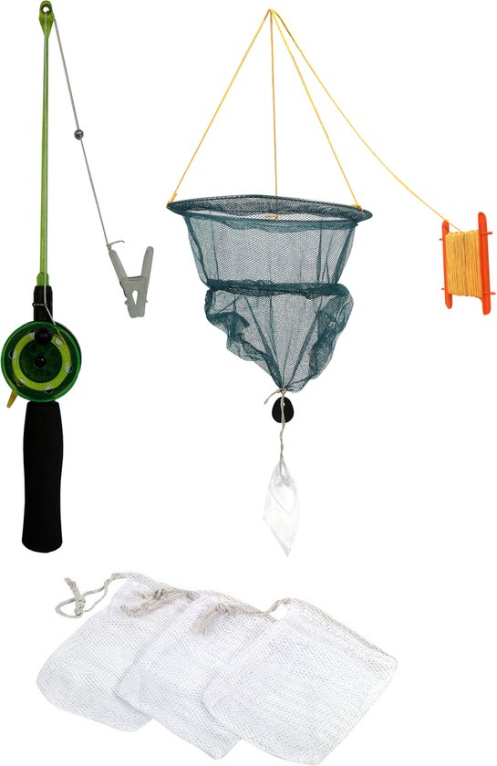 Krabhengel / vishengel voor krabbetjes - 38 cm - Incl. Krabben net/visnet en 3x aaszakje
