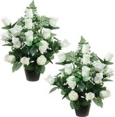 Louis Maes Kunstbloemen in pot - 2x - wit - H35 cm - Bloemstuk ornament - rozen/gipskruid met bladgroen