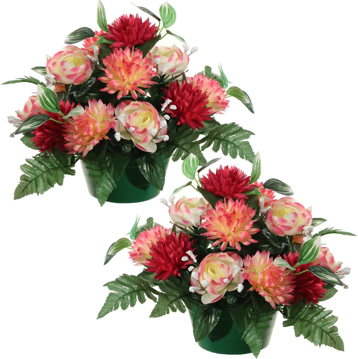 Louis Maes Kunstbloemen plantje in pot - 2x - multi kleuren - 25 cm - Bloemstuk ornament - ranonkels/asters met bladgroen