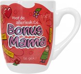 Moederdag - Cartoon Mok - Voor de allerleukste bonus Mama - Gevuld metSnoep - In cadeauverpakking met gekleurd krullint