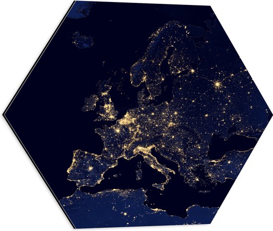 Dibond Hexagon - Kaart van Europa - 50x43.5 cm Foto op Hexagon (Met Ophangsysteem)