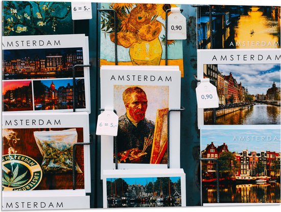 Acrylglas - Amsterdamse Ansichtkaarten in het Rek - 80x60 cm Foto op Acrylglas (Met Ophangsysteem)