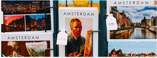 Poster (Mat) - Amsterdamse Ansichtkaarten in het Rek - 120x40 cm Foto op Posterpapier met een Matte look