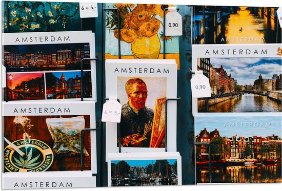 Acrylglas - Amsterdamse Ansichtkaarten in het Rek - 105x70 cm Foto op Acrylglas (Met Ophangsysteem)