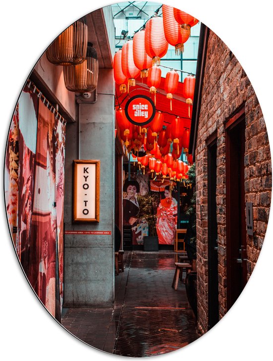 Dibond Ovaal - Smalle Straat Versierd met Rode Lampionnen in Tokyo - 60x80 cm Foto op Ovaal (Met Ophangsysteem)