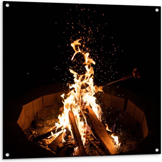 Tuinposter – Vuur - Kampvuur - Hout - Hand - Marshmallow - Eten - 100x100 cm Foto op Tuinposter (wanddecoratie voor buiten en binnen)