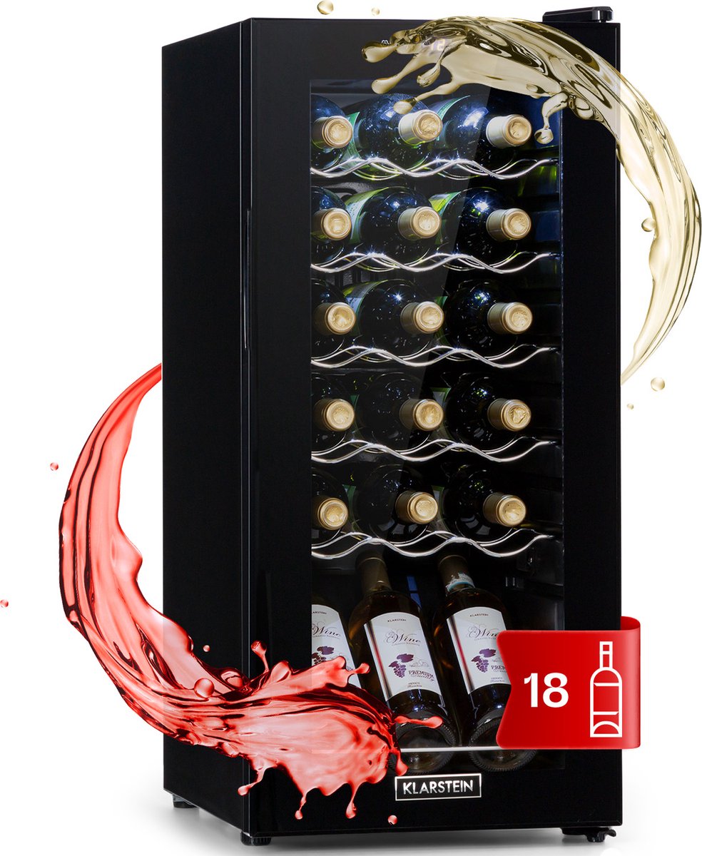 Klarstein Shiraz 18 Slim Uno Wijnkoelkast - 50 Liter - 18 Flessen - Touch Bedieningspaneel - Temperatuurbereik 5-18°C - Zwart