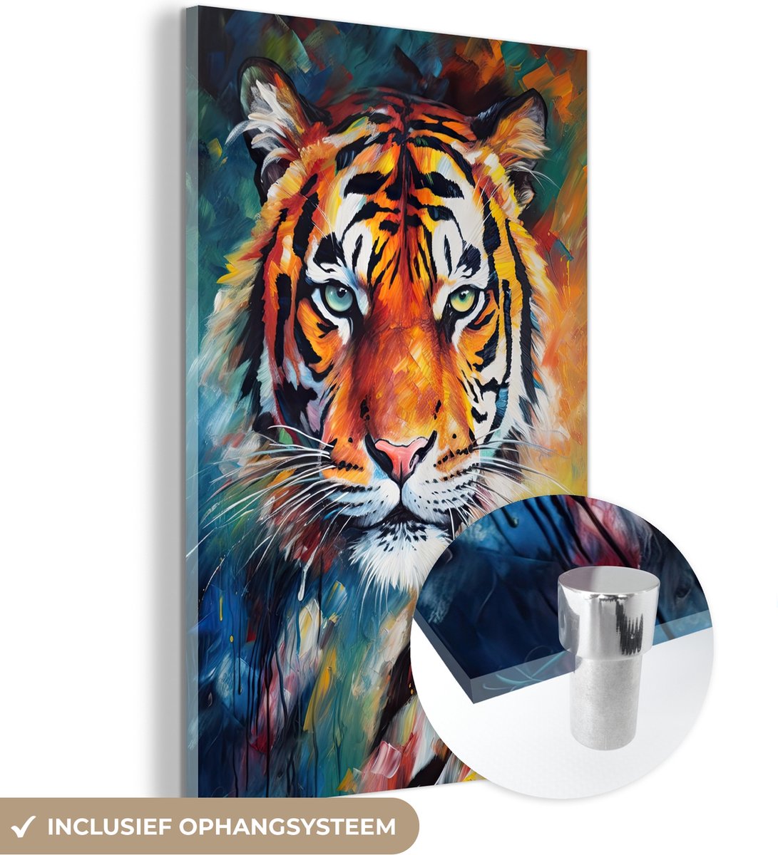 MuchoWow® Glasschilderij 60x90 cm - Schilderij acrylglas - Tijger - Dieren - Olieverf - Kunst - Foto op glas - Muurdecoratie woonkamer - Wanddecoratie slaapkamer - Schilderijen