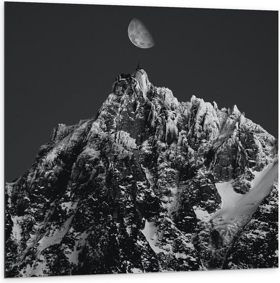 Dibond - Bergen - Sneeuw -Maan - Zwart - Wit - 100x100 cm Foto op Aluminium (Met Ophangsysteem)