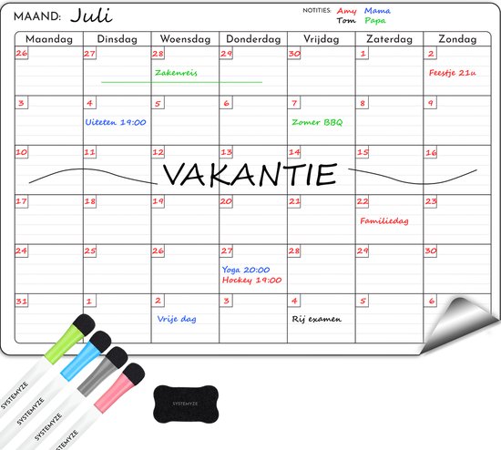 Systemyze maandplanner whiteboard – magnetisch planbord – magnetische maandplanner – inclusief markers & wisser – a3 formaat