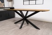 Floor tafel met gecurved Mango houten blad van 180 x 90 cm met facetrand aan onderzijde. Bladkleur naturel glad afgewerkt. Onderstel is een spinpoot in de kleur zwart.