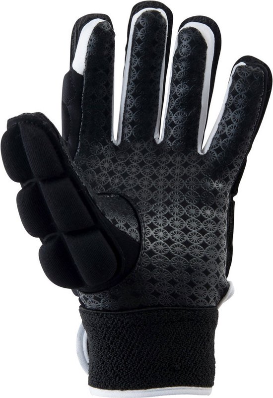 Zwarte "foam full finger" handschoen, palmzijde met patroon, witte vingers.