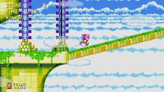 Amy Rose in het roze op een groen platform, met blauwe luchten en wolken op de achtergrond.
