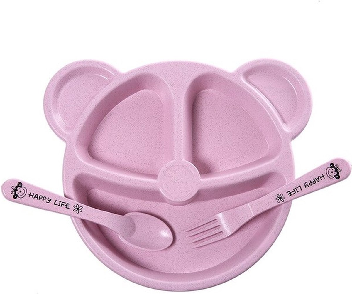 Goedkoopste Baby Servies - Vakjesbord - Kinder Bestek - Vork - Lepel - Oefenbestek - Roze - Tarwestro - Duurzaam