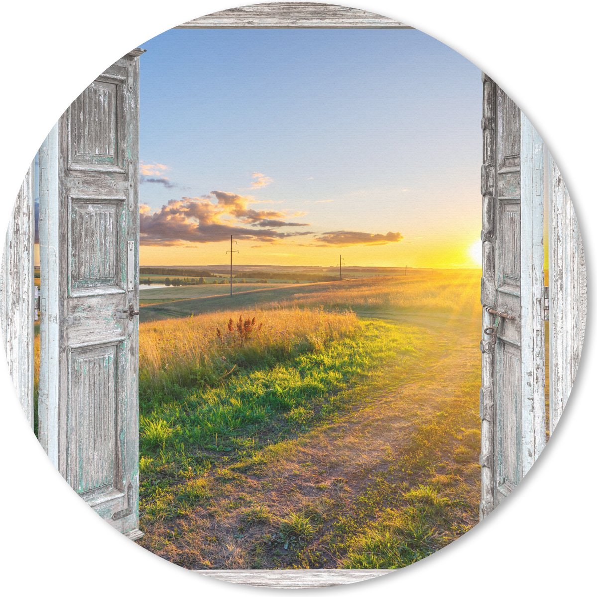 Muismat rond 30x30 cm - Mousepad Doorkijk - Platteland - Landschap - Zon - Ronde muismatten