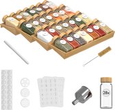 Noswo Kruidenrek Lade met 28 Potjes - Complete Set - Vierkant - Strooideksel en Labels - Kruiden Organizer - Keukenlade Organiser - Bamboe