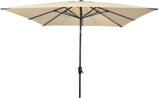 Ecru parasol met zwart frame, volledig opengeklapt.