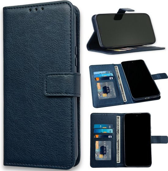 Collage d'étuis portefeuille bleus : étui fermé, étui ouvert avec téléphone et cartes, téléphone sur support.