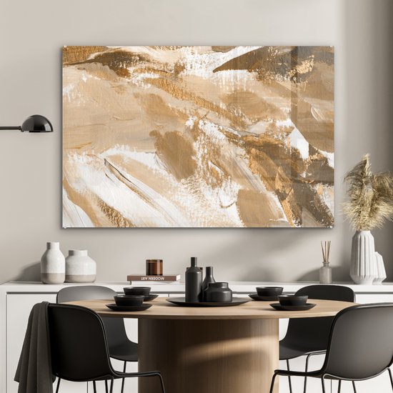 MuchoWow® Glasschilderij 120x80 cm - Schilderij acrylglas - Goud - Beige - Abstract - Foto op glas - Schilderijen