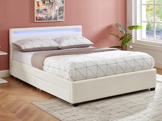 Bed met opbergruimte - 160x200cm - Wit kunstleer met LEDs - ALOIS L 216 cm x H 85 cm x D 170 cm