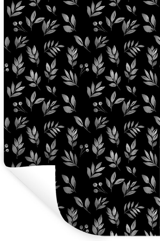 Muurstickers - Sticker Folie - Patroon van kleine takken met bladeren en bessen op een zwarte achtergrond - zwart wit - 60x90 cm - Plakfolie - Muurstickers Kinderkamer - Zelfklevend Behang - Zelfklevend behangpapier - Stickerfolie