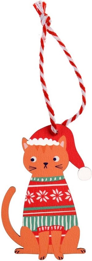Houten kerstdecoratie: oranje kat met kerstmuts en kersttrui met sneeuwvlokken.