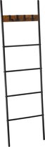 Handdoekladder Yaretzi - Handdoekrek - Ladderplank - Leunend rek met 5 niveaus - 44x160cm - Ruimtebesparend - Metalen frame - 4 haken - Industriële stijl - Vintage Bruin/Zwart