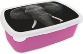 Broodtrommel Roze - Lunchbox - Brooddoos - Olifant - Wilde dieren - Zwart - Wit - Portret - 18x12x6 cm - Kinderen - Meisje