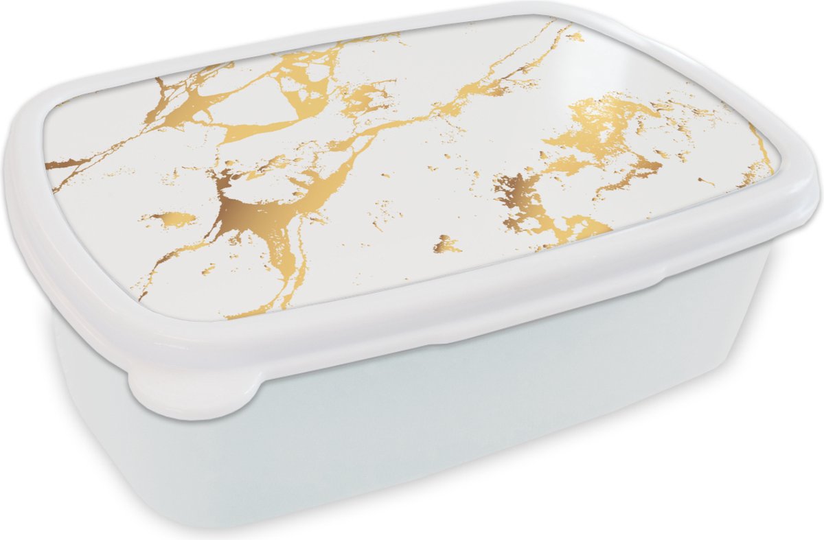 Broodtrommel Wit - Lunchbox - Brooddoos - Marmer - Wit - Goud - Luxe - 18x12x6 cm - Volwassenen